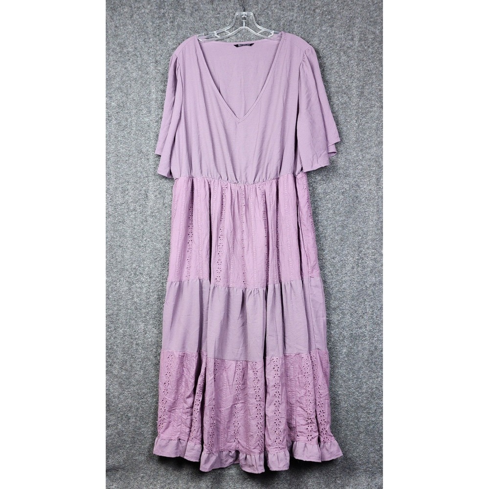 BloomChic Maxi Dress Women 18-20 Purple Eyelet Tiered Flutter Sleeve Ruffle Hem